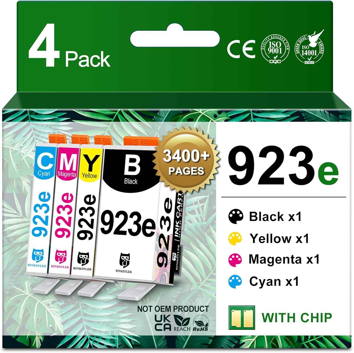 923XL 923e Ink Cartridges Combo Pack with chip, High Yield Replacement for HP 923 923e 923XL Ink Work for HP OfficeJet Pro 8135e 8138e 8139e 8122e 8120 8123 8130 8133 Printers (BK/C/M/Y) 4-Pack