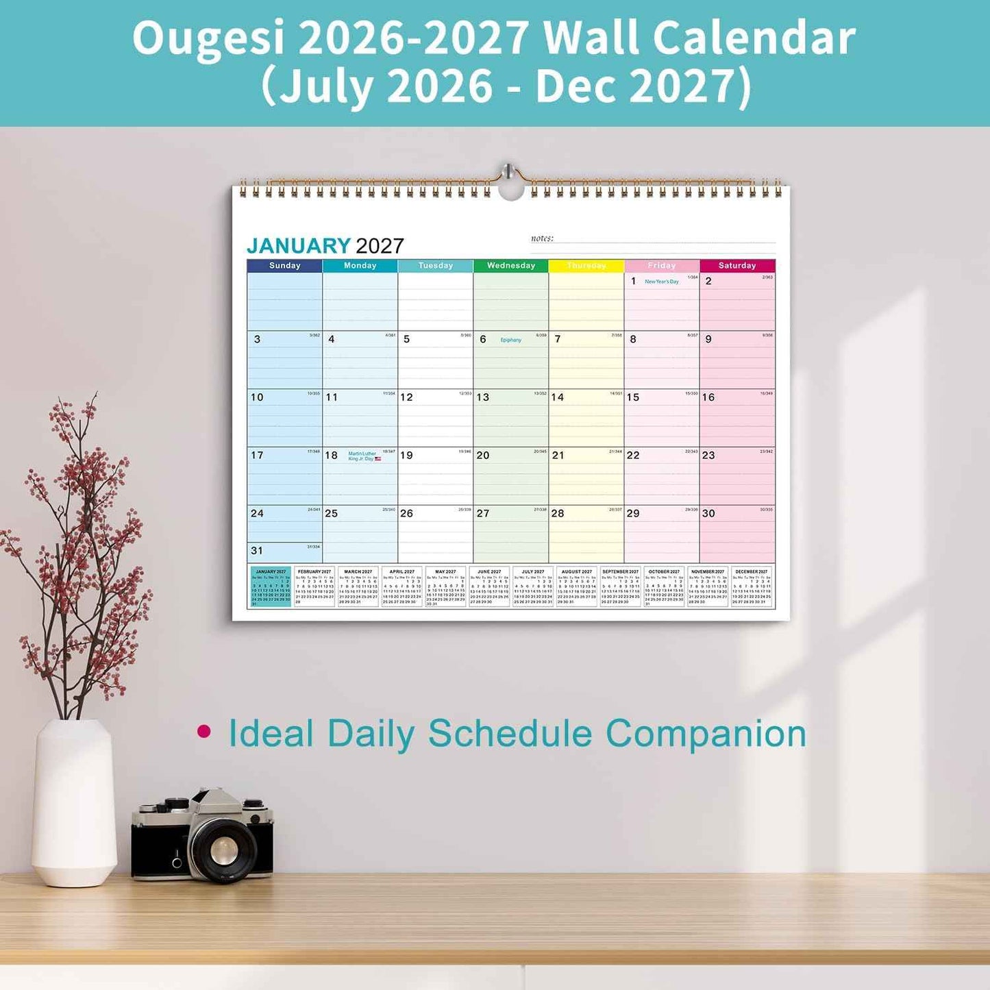 Wall Calendar 2026-2027, 18 Months Academic Calendar, July. 2026 - Dec 2027, 14'' × 11'', Monthly Wall Hanging Calendar with Thick Paper for Office Home (Colorful)