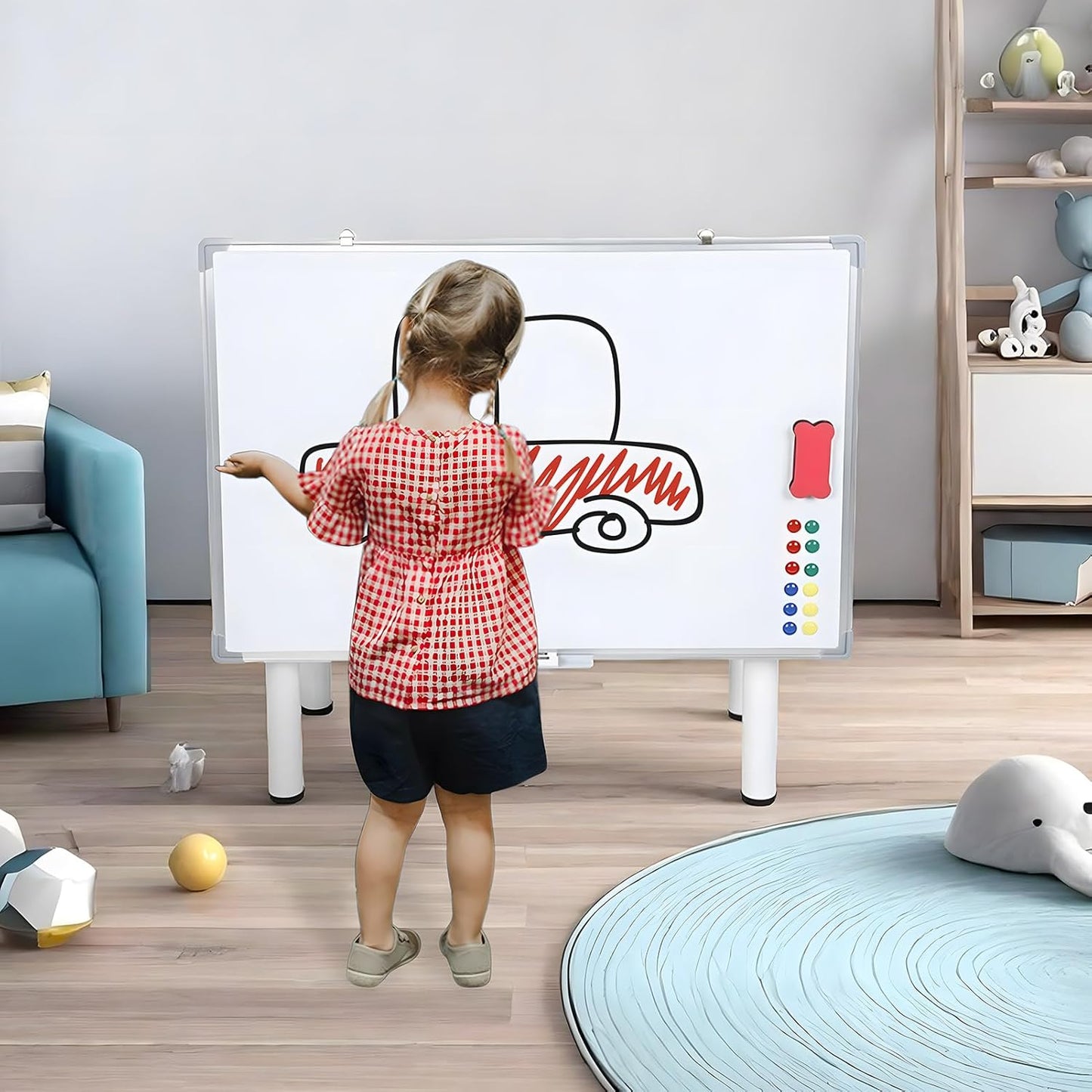 Rolling White Board with Stand 24 x 36, Magnetic Dry Erase Board on Wheels, Double Sided Mobile Whiteboard Easel, Height Adjustable Standing Board for Classroom Office Home (White)
