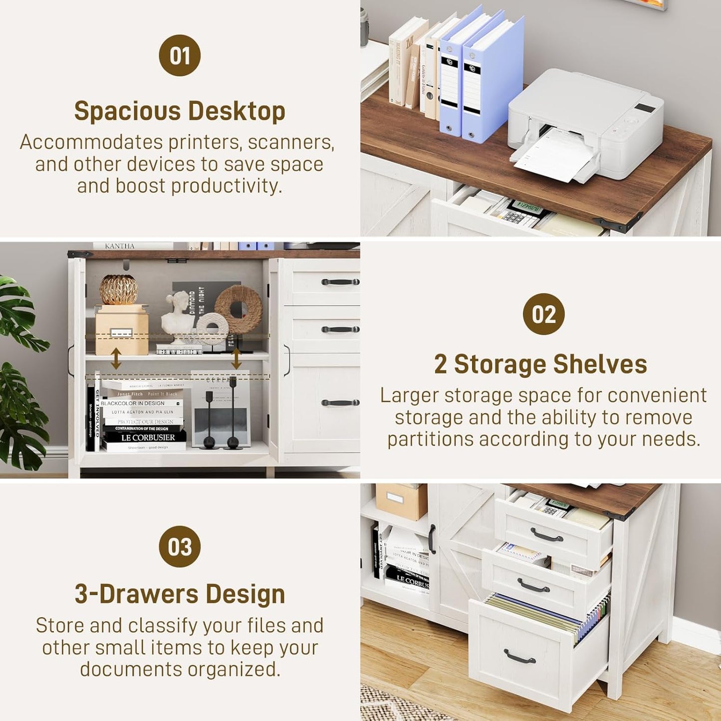 3 Drawer File Cabinet, Farmhouse Lateral Filing Cabinet with Doors for Letter/A4 Size Hanging Files, Large Wood Storage Cabinets Printer Stand with Adjustable Shelf for Home Office, White and Brown