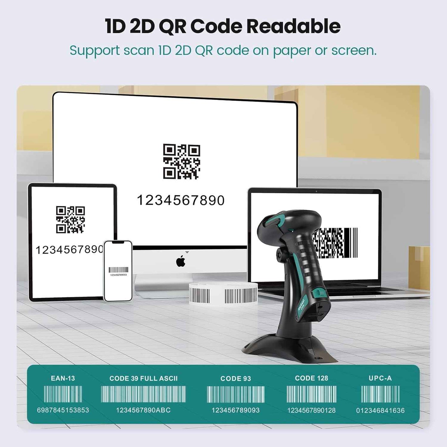 Wireless Barcode Scanner with Stand, Industrial 1D 2D QR Bluetooth Barcode Scanner for Android, iOS, Windows, Mac, USB Bar Code Reader Scanner with Drop Resistant Dustproof Waterproof
