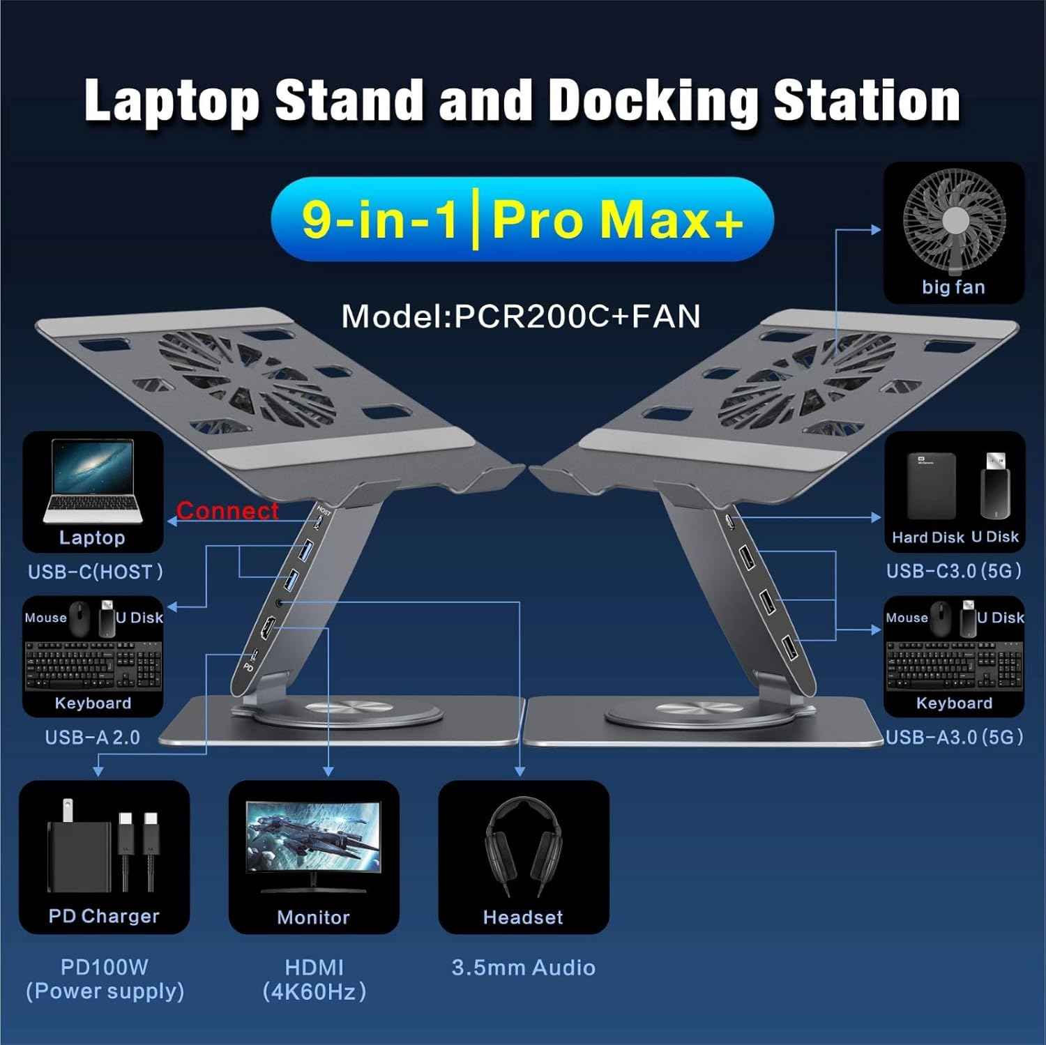 USB-C Hub Laptop Stand with Fan, Aluminum Laptop Riser with Docking Station 9-IN-1, 4K@60Hz HDMI, 100W PD Charging, USB 3.0, 3.5mm Audio, 360° Swivel, for MacBook Pro/Air, iPad Pro & Type-C Laptops