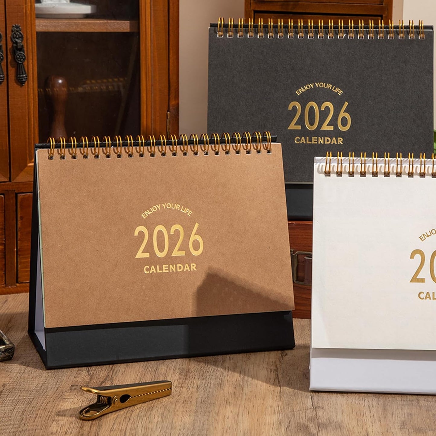 Small Desk Calendar 2025-2026, Standing Flip Desktop Calendar from July 2025 to Dec 2026 - Metal Ring Twin-Wire Binding Monthly Desktop Calendar for Home Office School (kraft paper color)