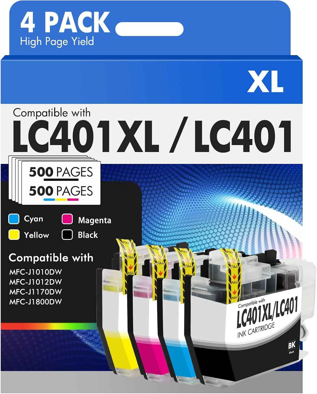 LC401 LC401XL MFC-J1010DW Ink Cartridges for Brother Printer LC 401 401XL for MFC-J1010DW MFC-J1170DW MFC-J1012DW MFC-J1800DW MFC J1010DW - 4 Pack High Yields Black Cyan Magenta Yellow