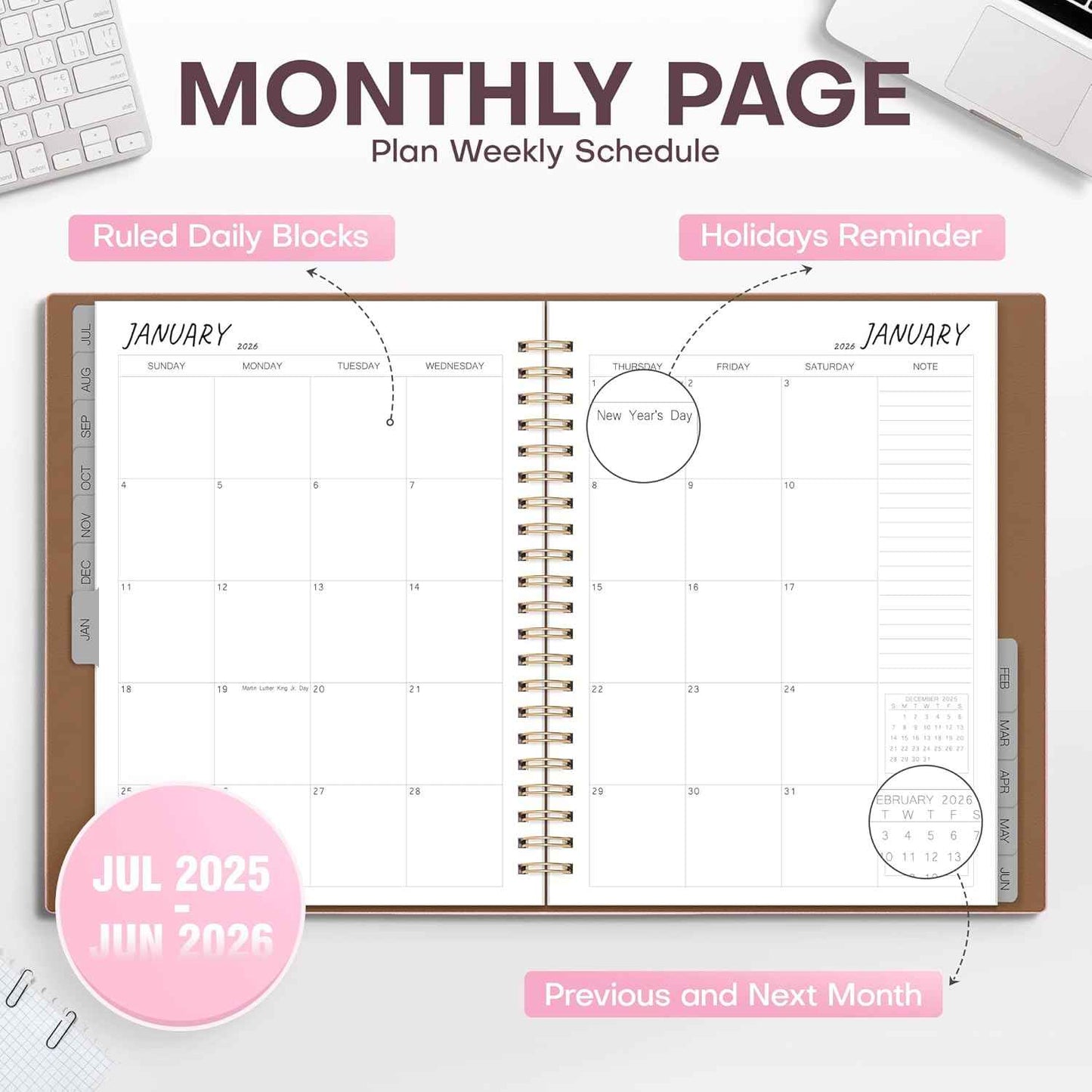Appointment Book 2025-2026 – July 2025 to June 2026, 8.5"x11" Academic Planner, Half-Hourly Scheduling, Weekly & Monthly Layout, Flexible Cover, Notes Pages, Bookmark, Spiral Binding, Pink