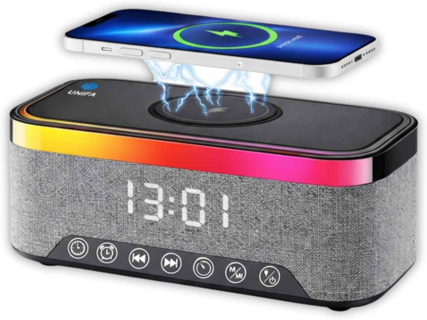 Wireless Charging Alarm Clock with Bluetooth Speaker, FM Radio, Night Light, Dual Alarm, USB Charger, LED Bedside Clock