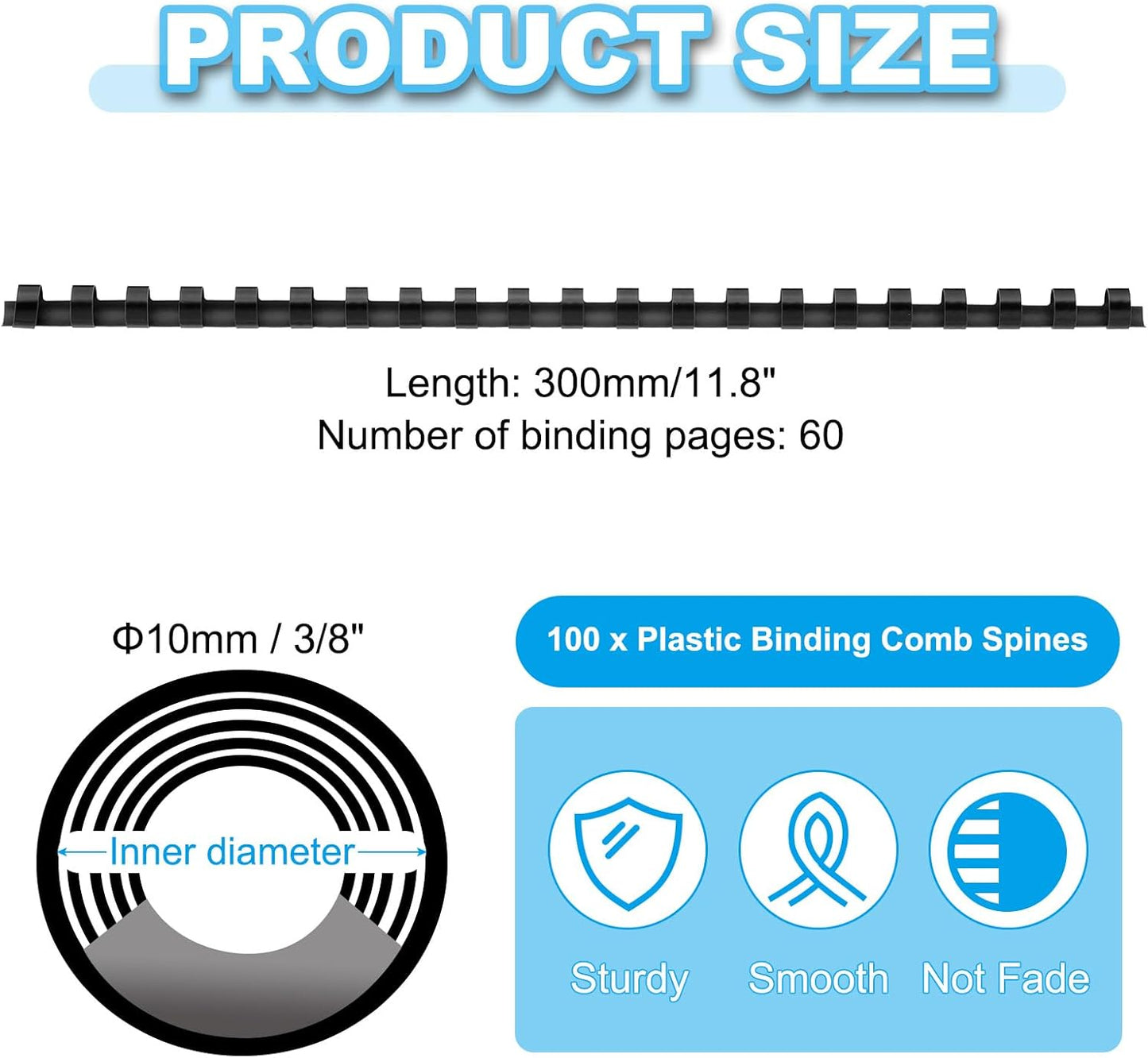PATIKIL 10mm (3/8") Plastic Binding Combs, 100 Pcs 21 Rings Comb Binding Spines 60 Sheet Capacity Letter Size for Binding Paper Sheets, Black