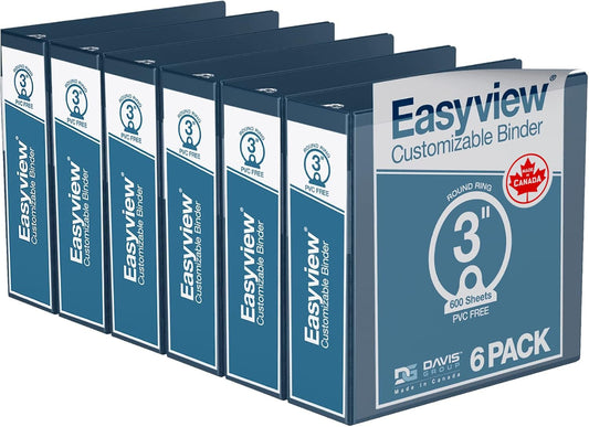 Easyview Premium 3-Ring Binders with Clear-View Covers and Round Rings, Binders for School or Office, 3 Inch, Pack of 6, Navy Blue