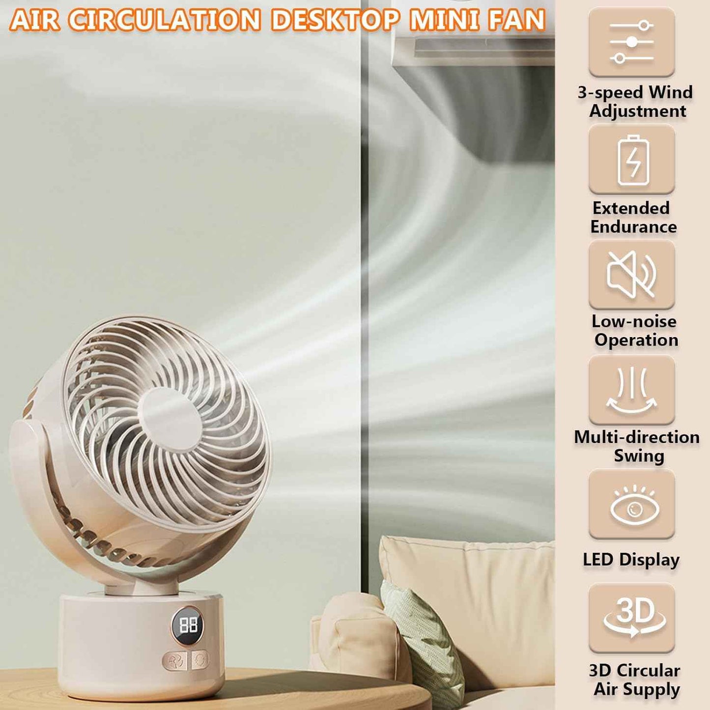 3-Speed USB Desktop Fan with 3600mAh Battery | Quiet Bionic Feather Blades, 140° Tilt & Auto Shake | Portable Cooling for Home, Office Fan, Camping (Beige)