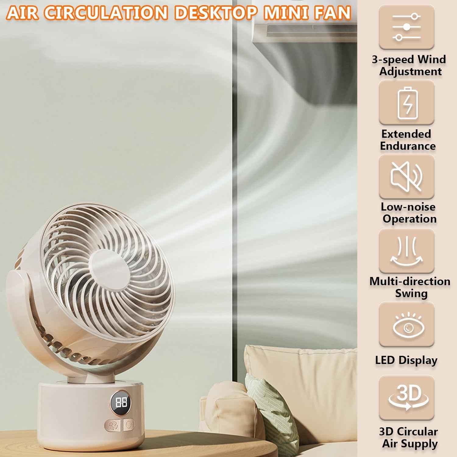 3-Speed USB Desktop Fan with 3600mAh Battery | Quiet Bionic Feather Blades, 140° Tilt & Auto Shake | Portable Cooling for Home, Office Fan, Camping (Beige)