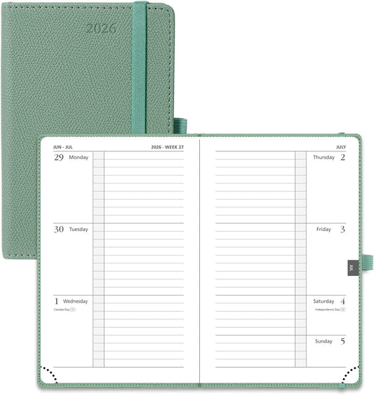 POPRUN Weekly Planner 2026 Calendar (Pocket 4'' x 6.25'') 12 Months Notebook with Horizontal Layout, Leather Hardcover, Inner Pocket, 100GSM Thick Paper, Pen Holder- Midnight Green