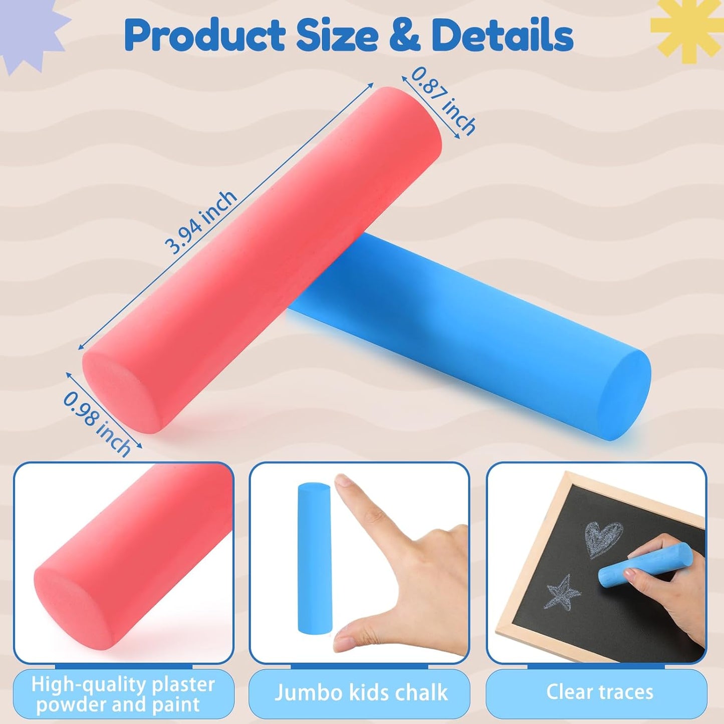 Fulmoon 40 Pcs Jumbo Sidewalk Chalk for Kids Outdoor Art Non Toxic Large Washable Street Chalk for Adults Drawing Painting Classroom(Red, Blue,Round Style)