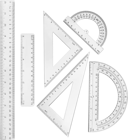 Tenare 6 Pcs Plastic Ruler Math Set Includes 12 Inch 6 Inch Straight Protractor Triangle Geometry Transparent Math Ruler Measuring Tools for School Office Home(Clear)