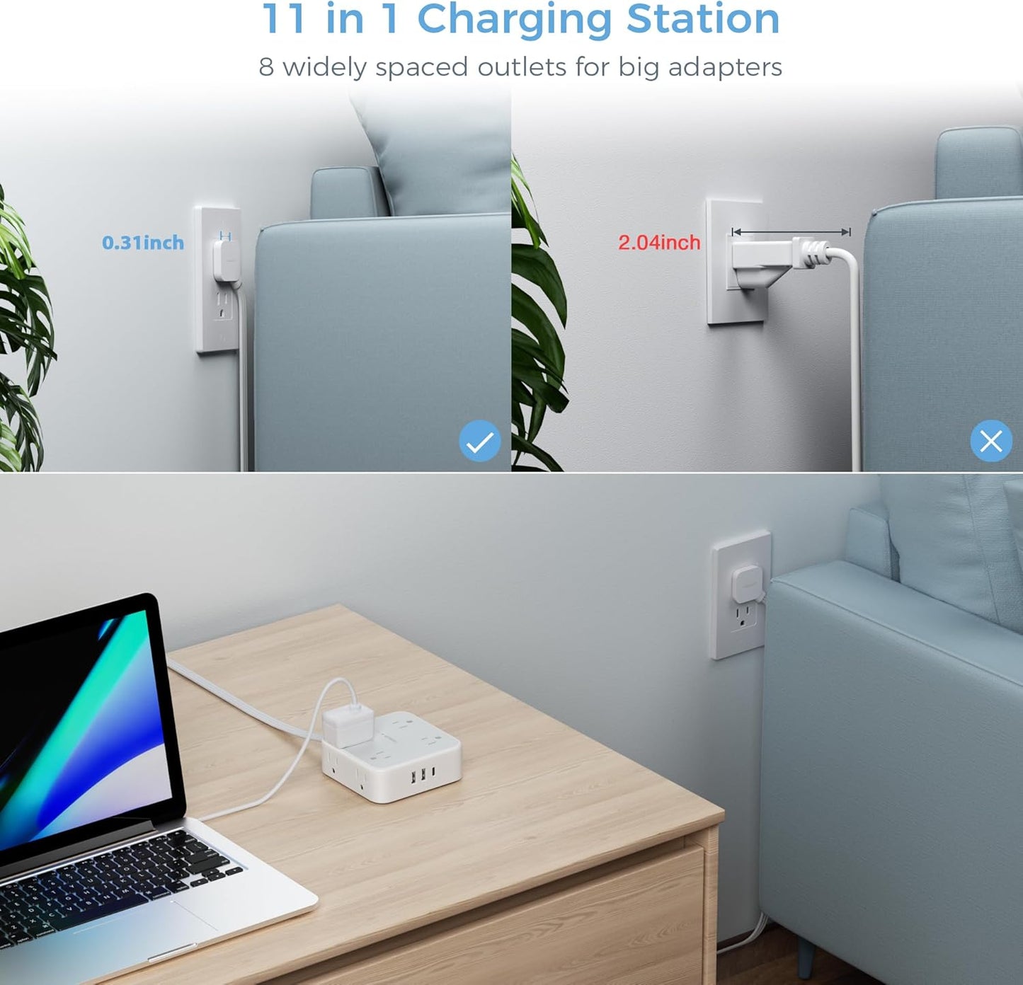 Surge Protector Power Strip 15 Ft Cord, TESSAN 8 Widely Spaced Outlets, 3 USB Charger(1 USB C Port), Ultra Thin Flat Plug Extension Cord 15 Feet, 900J Surge Protection for Home, Dorm Room Essentials