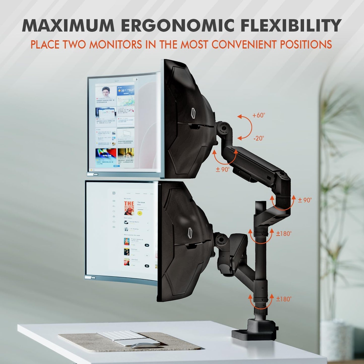 Dual Monitor Arm for 17-57 Inch Ultrawide Screens – Heavy Duty Monitor Arm Desk Mount – VESA Mount with Clamp and Grommet Base – Holds Up to 59.4 lbs. Each