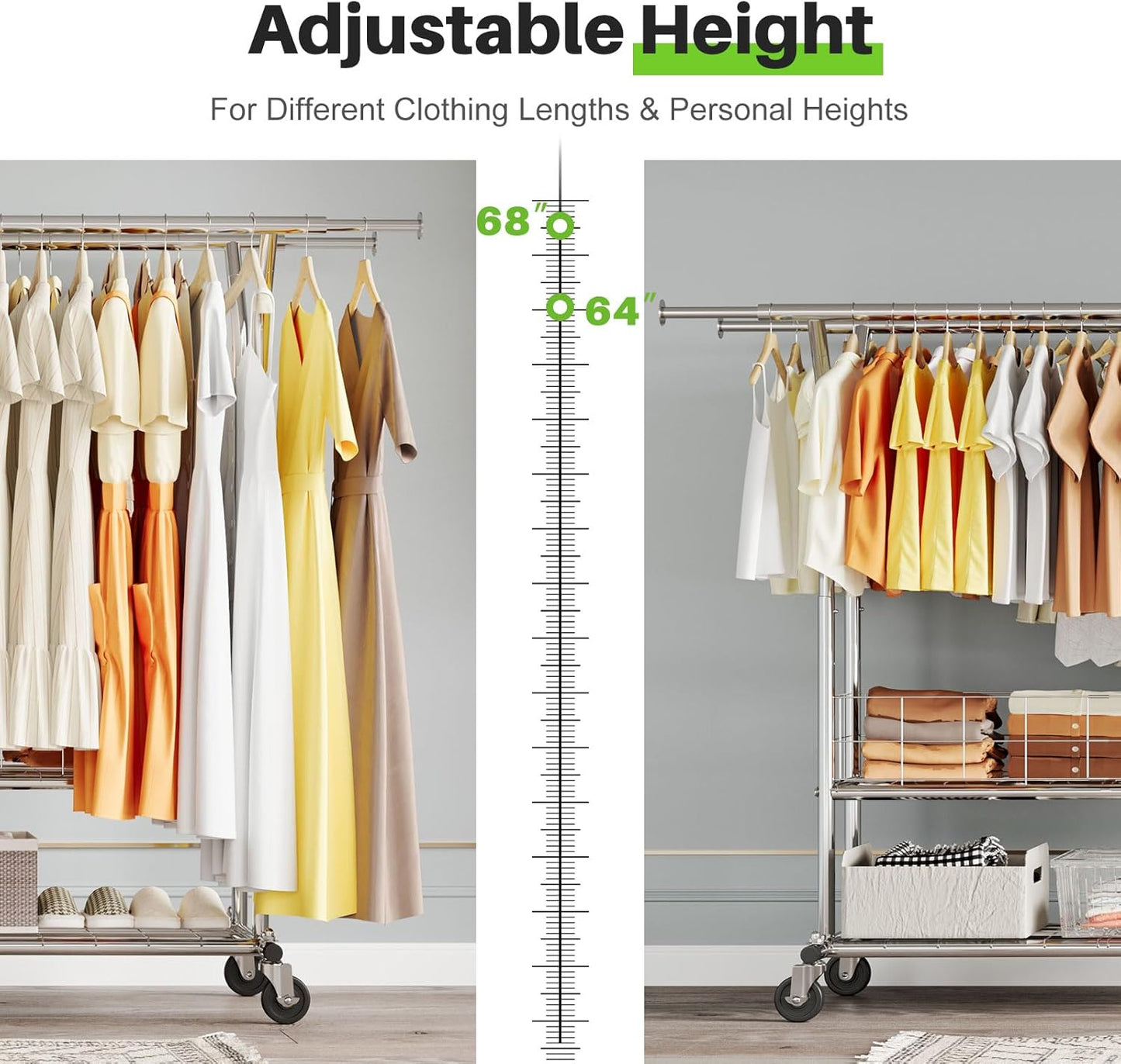 HOKEEPER Heavy Duty Clothes Rack Load 635 LBS, Clothing Rack for Hanging Clothes Adjustable Rolling Garment Rack with Wheels for Bedroom, Living Room (Double Rod with Metal Basket)