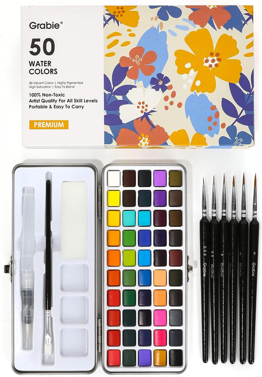 Grabie 50 Colors Watercolor Paint Set, Detail Paint Brush Included, Watercolor Paints, Painting Sets, Art Supplies for Painting, Travel Watercolor Set, Amateur Hobbyists