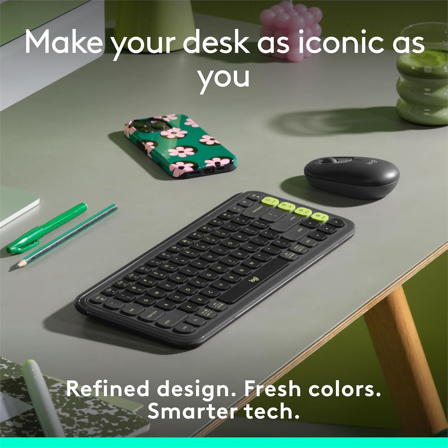 Logitech POP ICON Keys Wireless Bluetooth Keyboard, Comfortable Typing, Programmable Keys, Easy-Switch Between up to 3 Devices, for Laptop, Tablet, PC – Graphite and Green