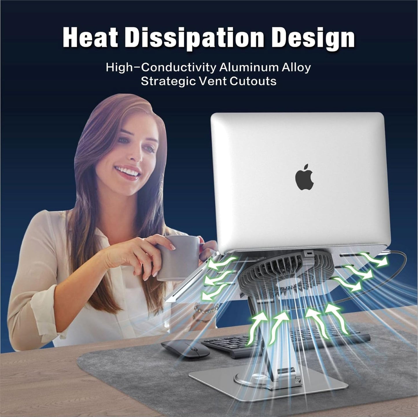 USB-C Hub Laptop Stand with Fan, Aluminum Laptop Riser with Docking Station 9-IN-1, 4K@60Hz HDMI, 100W PD Charging, USB 3.0, 3.5mm Audio, 360° Swivel, for MacBook Pro/Air, iPad Pro & Type-C Laptops