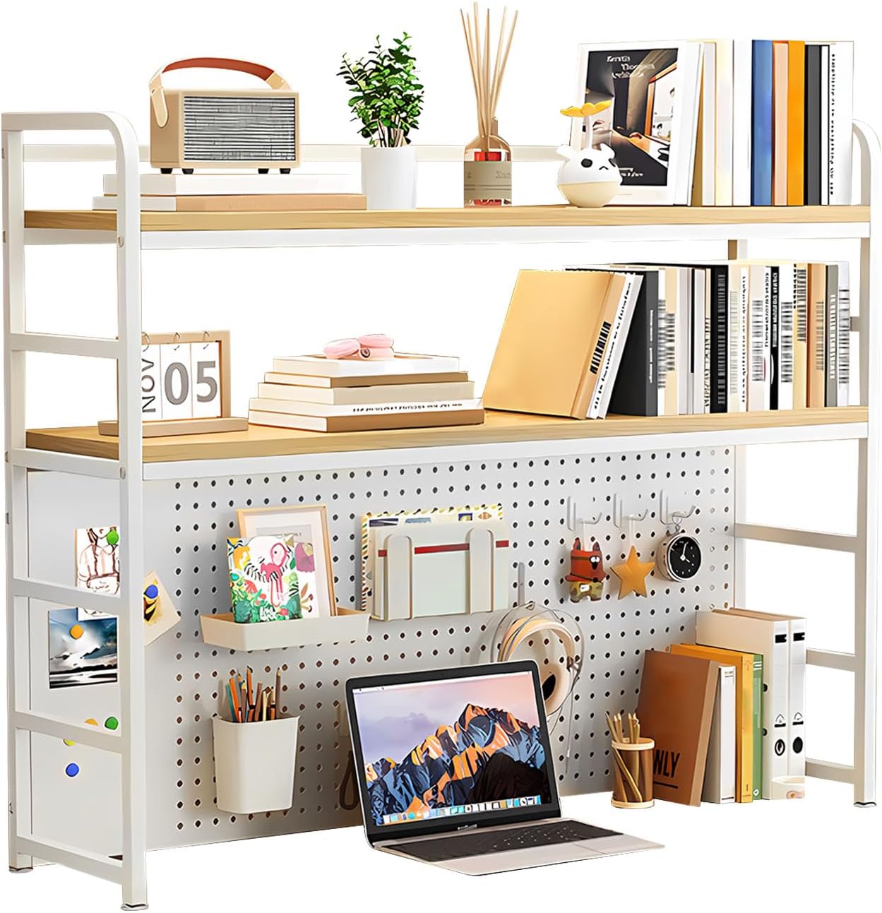 2-Tier Desktop Bookshelf Hutch - Metal Desk Shelf Bookcase with Desk Pegboard Countertop Storage Organizer Rack for Dorm or Office (A, 70cm/27.5in)