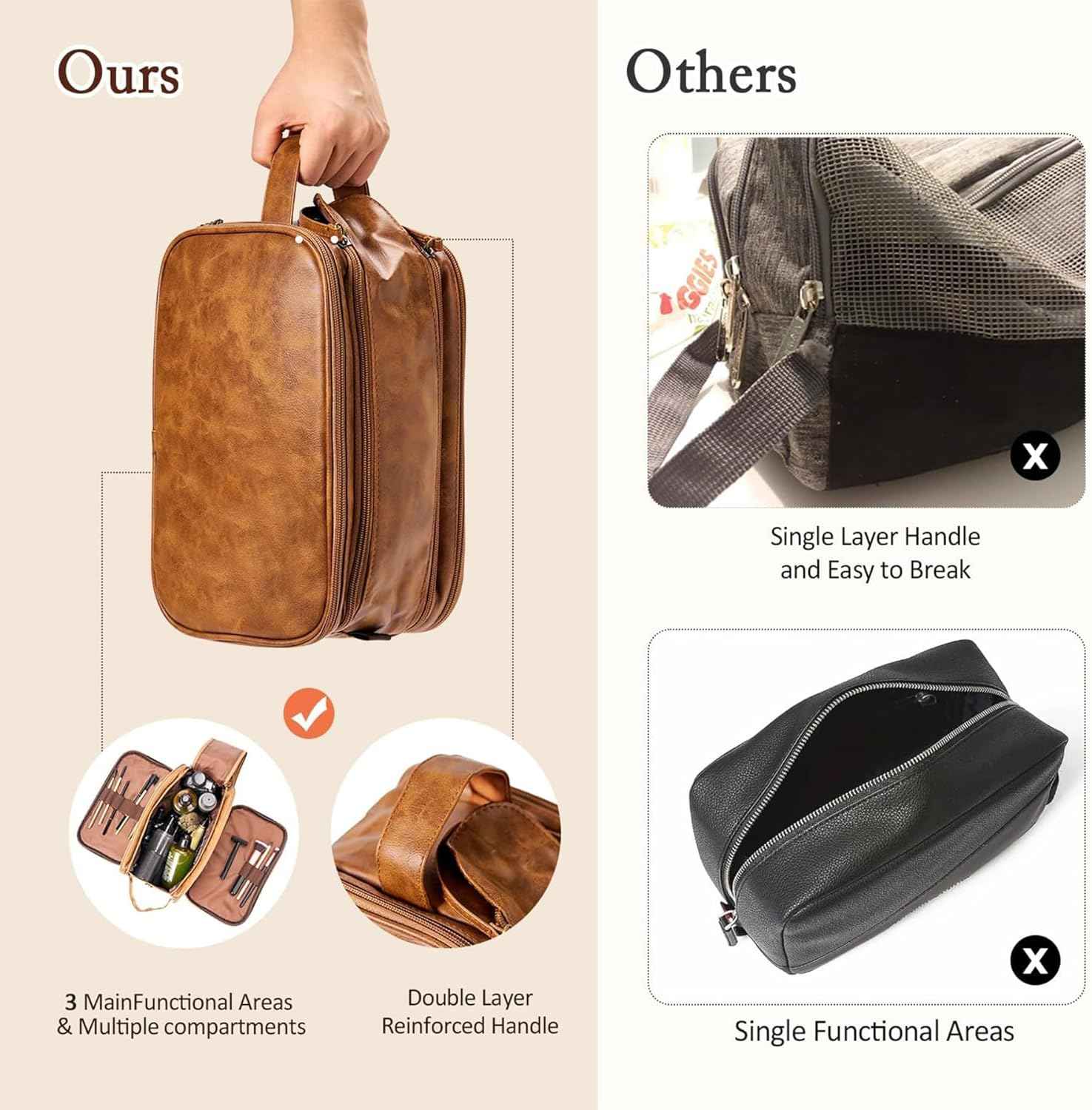 Travel Toiletry Bag for Men, Double Layer Handle, Water Resistant PU Leather Kit, Fathers Day Christmas Thanksgiving Groomsmen Wedding Gift (Yellowish Brown)