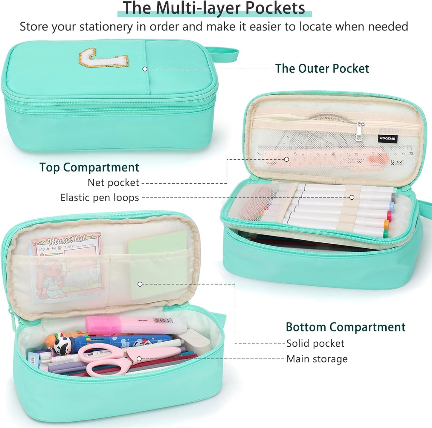 Extra Large Pencil Case,Big Capacity Pencil Pouch,Personalized Initial Pencil Bag with smooth zipper,Multiple Pockets,Cute Aesthetic Stationery Pen Case Bag for Teen Girls College (Pink, H)