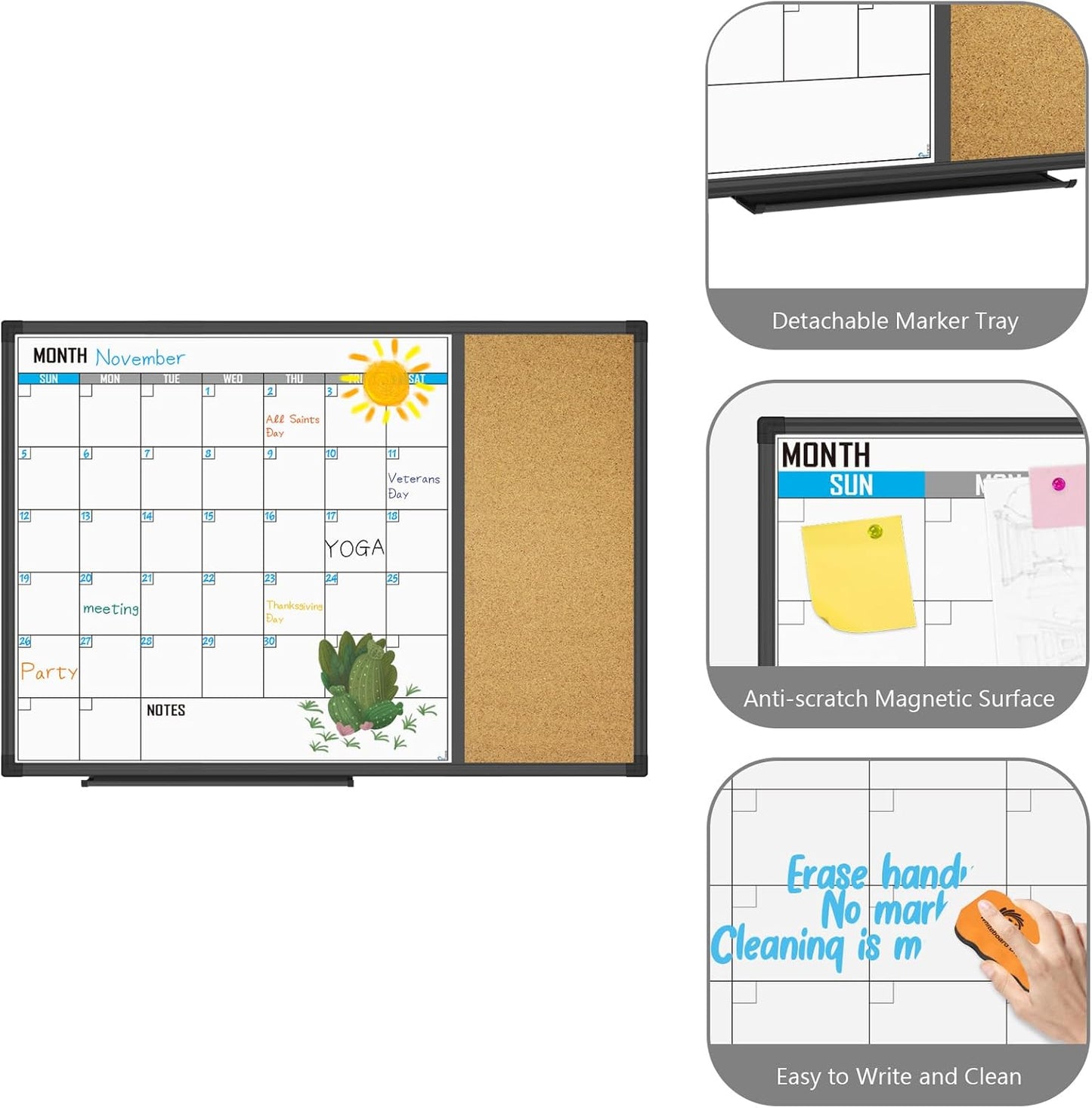 XBoard Dry Erase Calendar Whiteboard 28 X 20 - Combo White Board Calendar Monthly, Magnetic White Board + Corkboard with Black Aluminum Frame - Lumora Desk