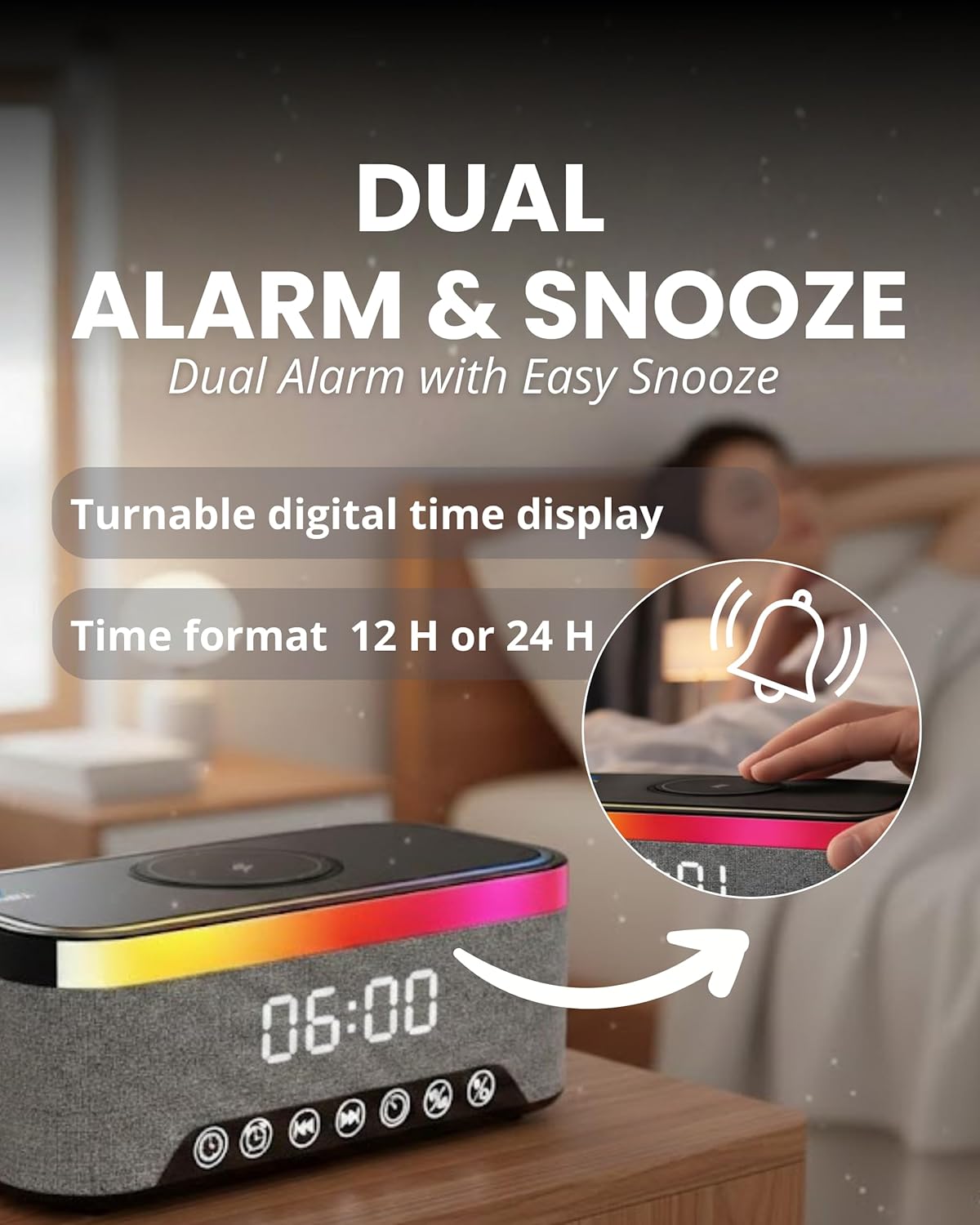 Wireless Charging Alarm Clock with Bluetooth Speaker, FM Radio, Night Light, Dual Alarm, USB Charger, LED Bedside Clock