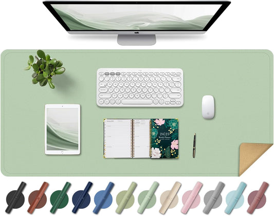 Large Desk Pad 35.4" x 17", Non-Slip Desk Mat with PU Leather & Natural Cork, Waterproof Writing Desk Natural Cork, Computer Mat Desk Protector for Office Home, Light Green