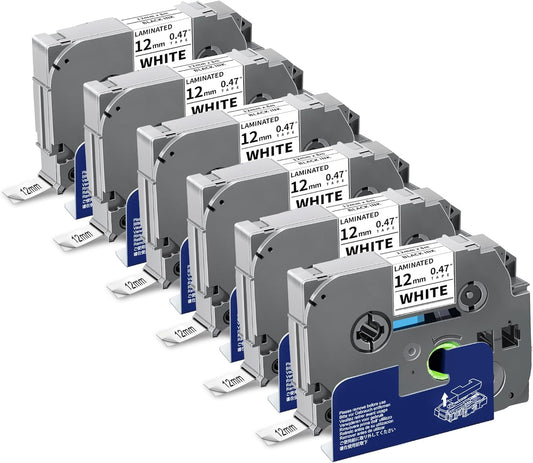 6-Pack TZe-231 Label Tape TZ Tape 12mm 0.47 Laminted White Compatible for Brother Ptouch Label Maker Tape TZe231 TZe-2312pk TZ-231 Refills for P Touch PT-D210 PTD220 H110 D610BT D400, 1/2" x 26.2 ft
