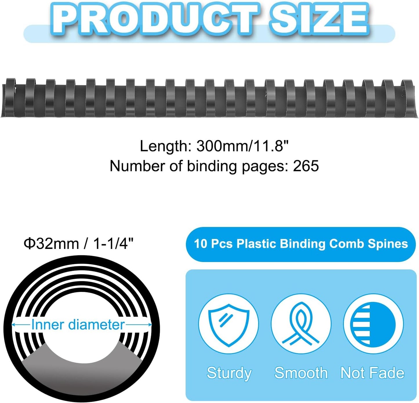 PATIKIL 32mm (1-1/4") Plastic Binding Combs, 10 Pcs 21 Rings Comb Binding Spines 265 Sheet Capacity Letter Size for Binding Paper Sheets Notebook Calendar Picture Album, Black