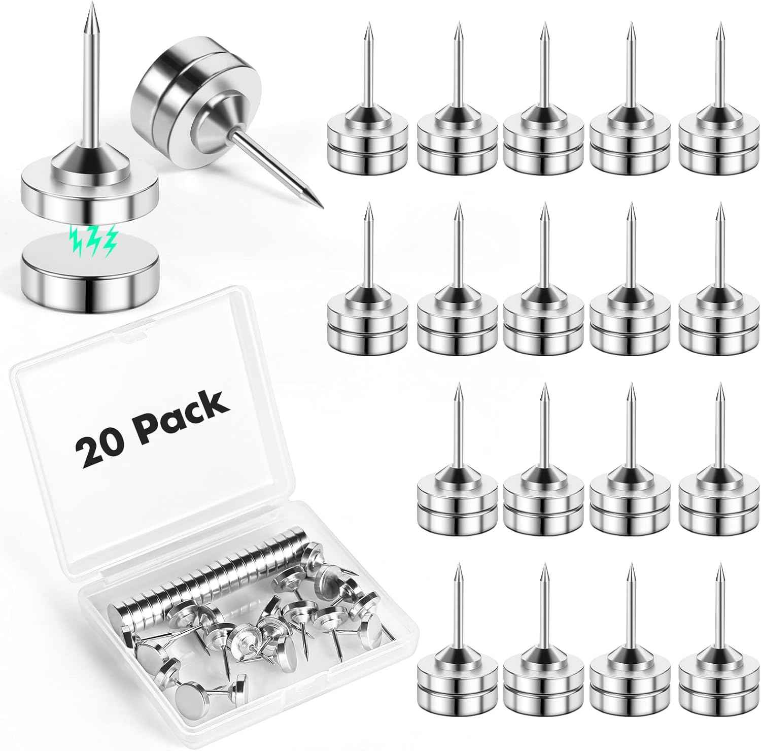 20 Sets Magnetic Push Pins, Silver Magnetic Tacks, Thumbtacks for Hanging, Poster Hanger, Push Pin Plips, Thumb Tacks for Wall, Push Pins for Bulletin Board Cork Board, Cubicle Accessories