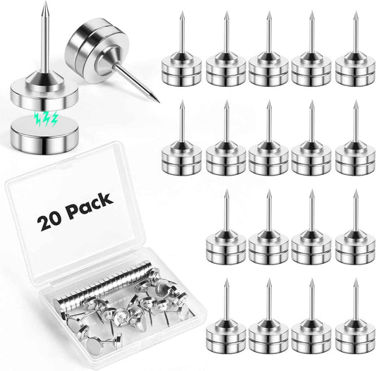 20 Sets Magnetic Push Pins, Silver Magnetic Tacks, Thumbtacks for Hanging, Poster Hanger, Push Pin Plips, Thumb Tacks for Wall, Push Pins for Bulletin Board Cork Board, Cubicle Accessories
