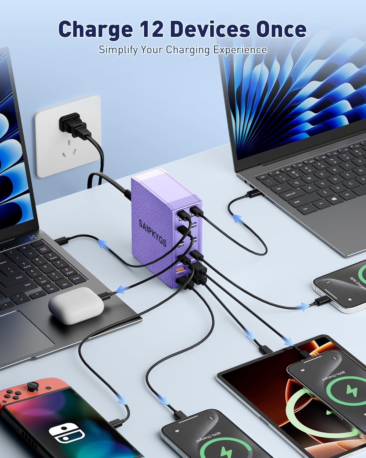 Charging Station (600W),12-Port USB C Charger Block with Dual 100W PD USB-C Fast Charging Station Hub for MacBook Pro/Air/All iPad iPhone 17/16 15/14/13/Pro Max/Samsung Galaxy Note(Purple)