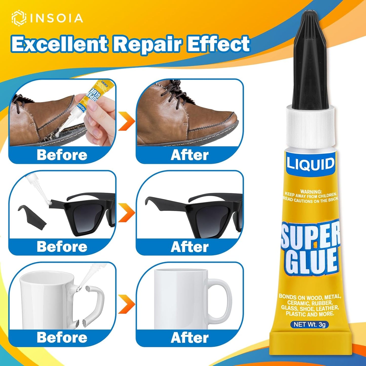 Super Glue Liquid Clear, 24 X 3g All Purpose Strong Adhesive Ca Glue Cyanoacrylate Quick Dry Instant Glue for Plastic, Metal, Ceramic, Shoe, Wood, Leather, Model, Rhinestone, Jewelry and DIY Crafts