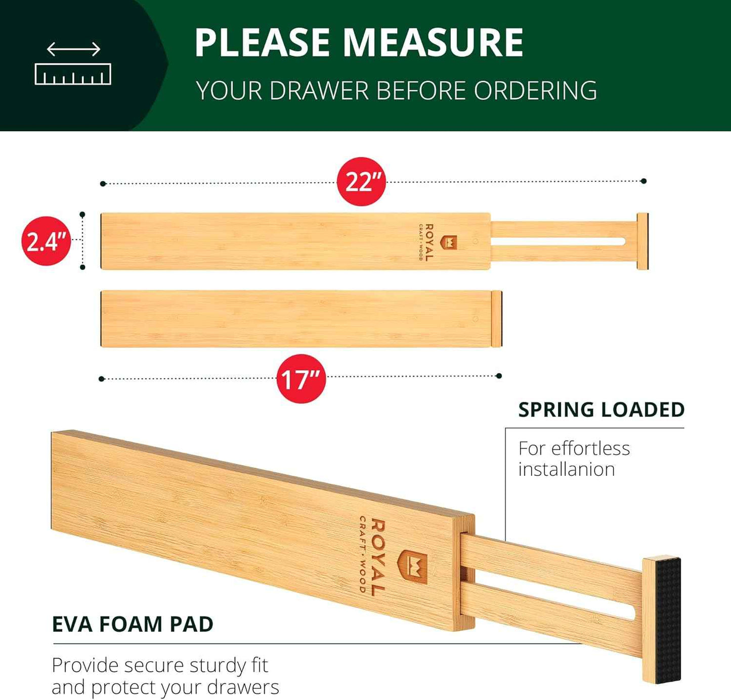 Bamboo Drawer Dividers Organizers, Adjustable Drawer Separator Splitters, 17–22 Inches Expandable Drawer Divider Organizer for Large Utensils, Kitchen, Bedroom, Dresser & Office Drawers 4-Pack