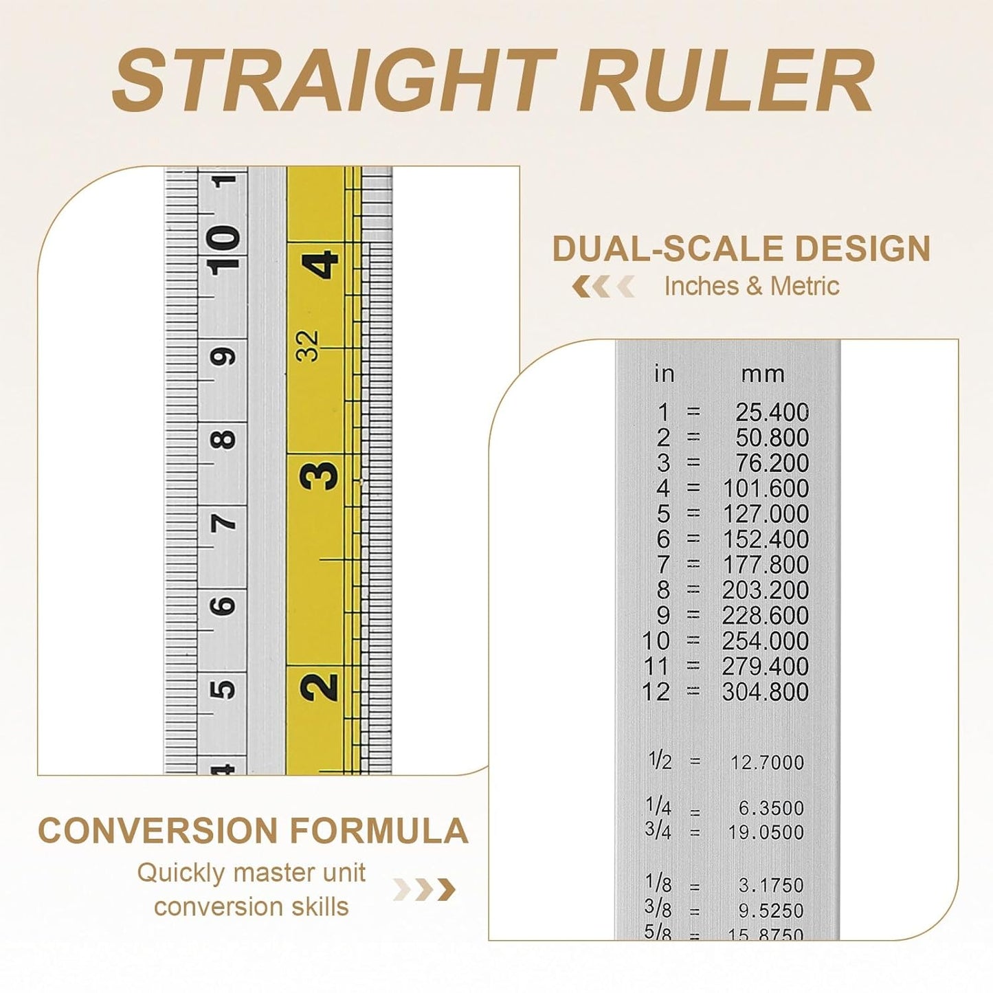 HARFINGTON 6pcs Metal Straight Ruler 15cm Metric SAE Aluminum Alloy Measuring Rulers Scale Tool with Hole for Measure Study Reading Classroom Office, Yellow