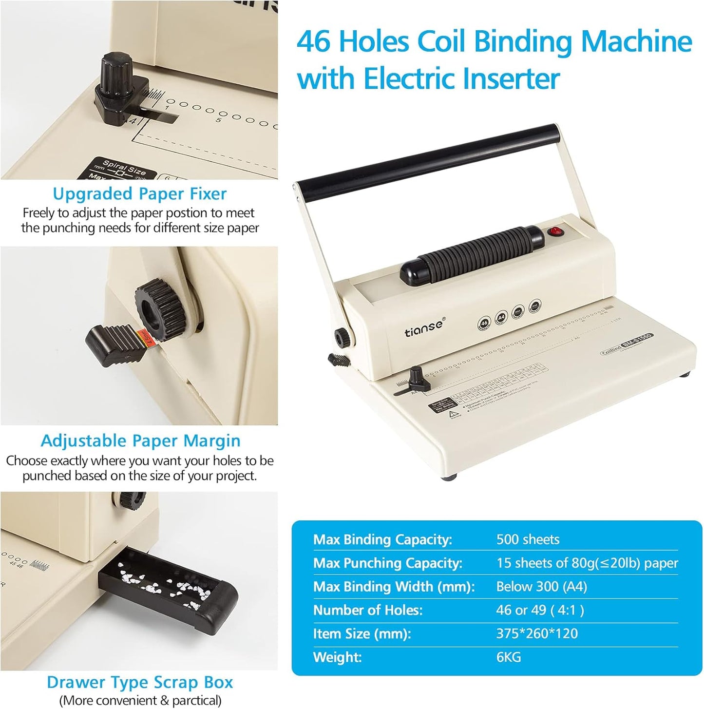TIANSE Coil Binding Machine, Electric Coil Inserter, Manual Round Hole Punch, 15 Sheets Punch Capacity, Perfect for Letter Size / A4 / A5, Comes with 100pcs 5/16'' Plastic Coil Binding Spines & Plier