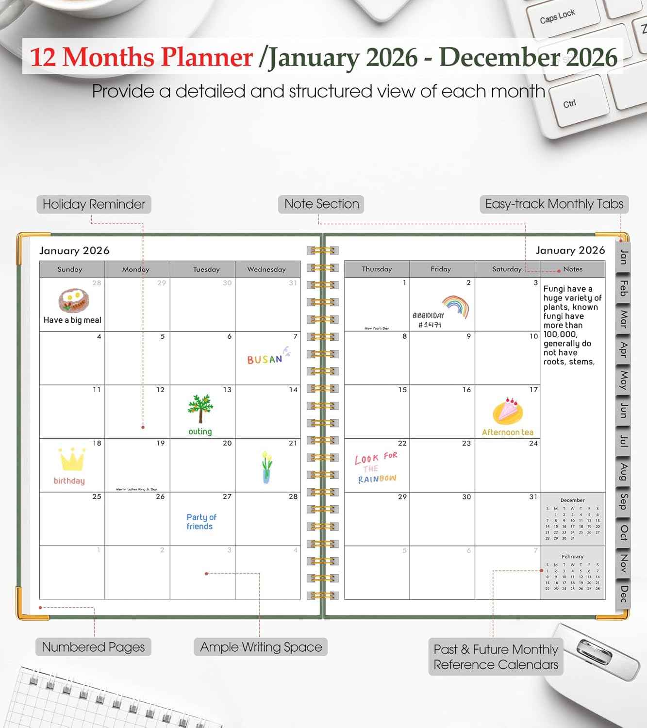 2026 Planner, Weekly and Monthly Calendar Planner from January 2026 - December 2026, 8.5" x 11" Hardcover Leather Hourly Appointment Book with Tabs, Spiral Daily Planners for School Work Home, Green