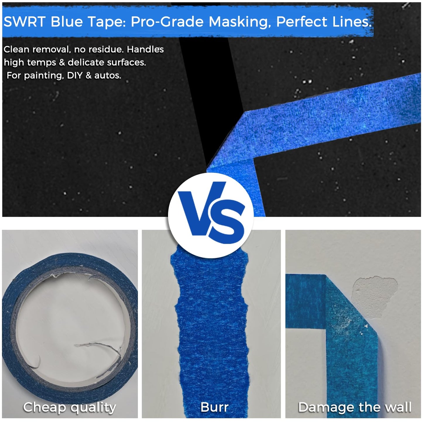 SWRT Blue Painters Tape 1 Inch x 55 Yards, 12 Rolls (660 Yards) – Sharp Clean Paint Lines, No-Residue Painters Tape for Walls, Trim & Baseboards, Easy Removal Masking Tape for Home Projects