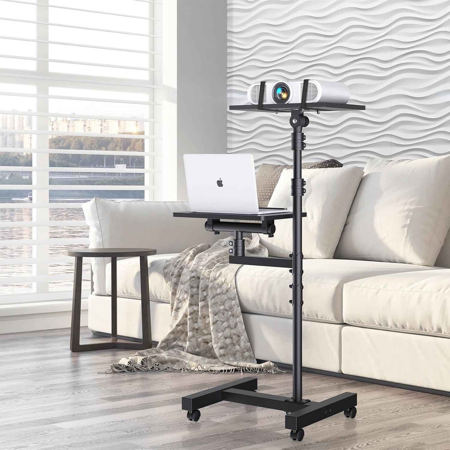 Projector Stand Tripod: 2 Shelves Mobile Laptop Cart Adjustable Height 45 to 64 Inches, Rolling Laptop Stand Cart with Ventilated Tray, Projector Tripod Stand on Wheels for Couch, Bedside, Meeting