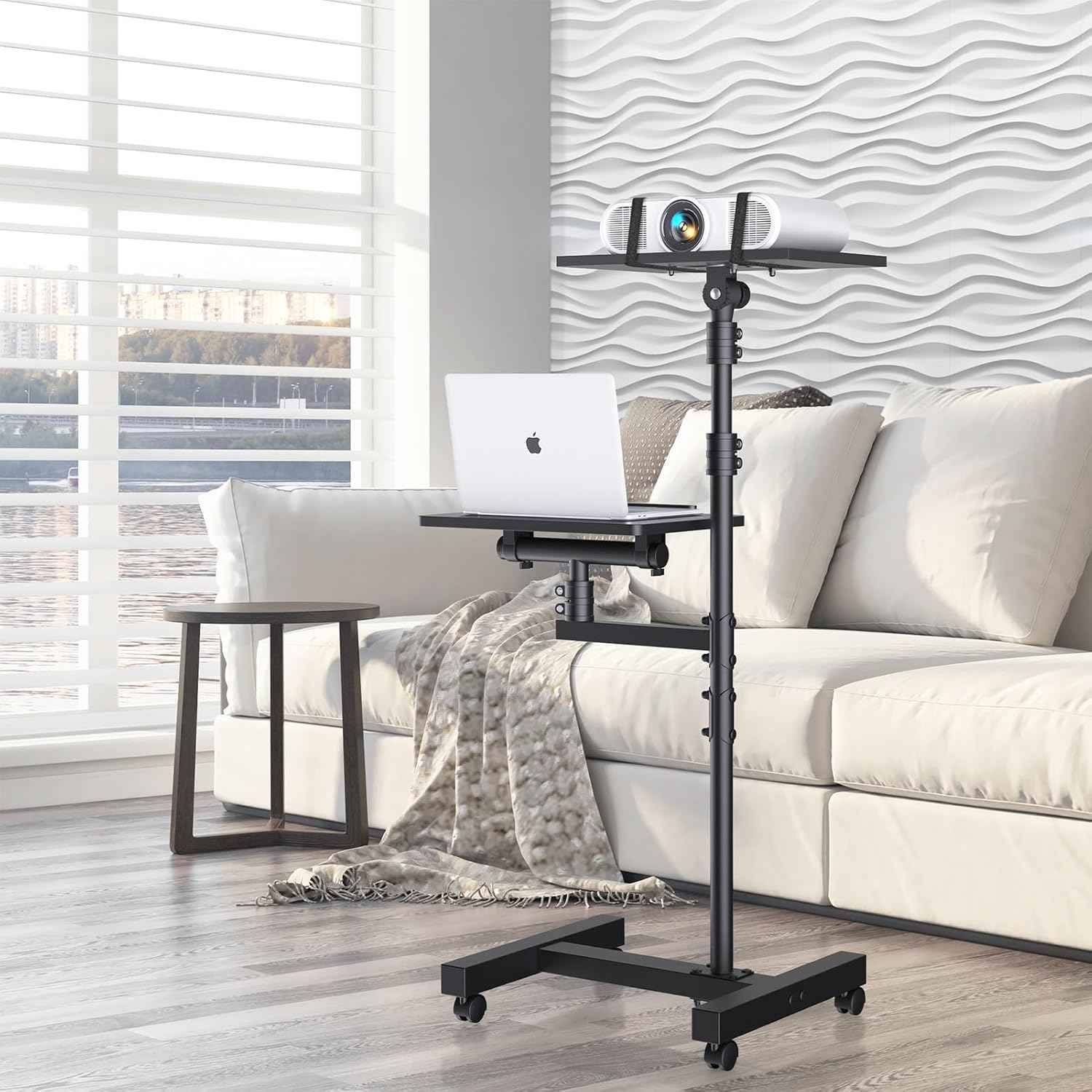 Projector Stand Tripod: 2 Shelves Mobile Laptop Cart Adjustable Height 45 to 64 Inches, Rolling Laptop Stand Cart with Ventilated Tray, Projector Tripod Stand on Wheels for Couch, Bedside, Meeting
