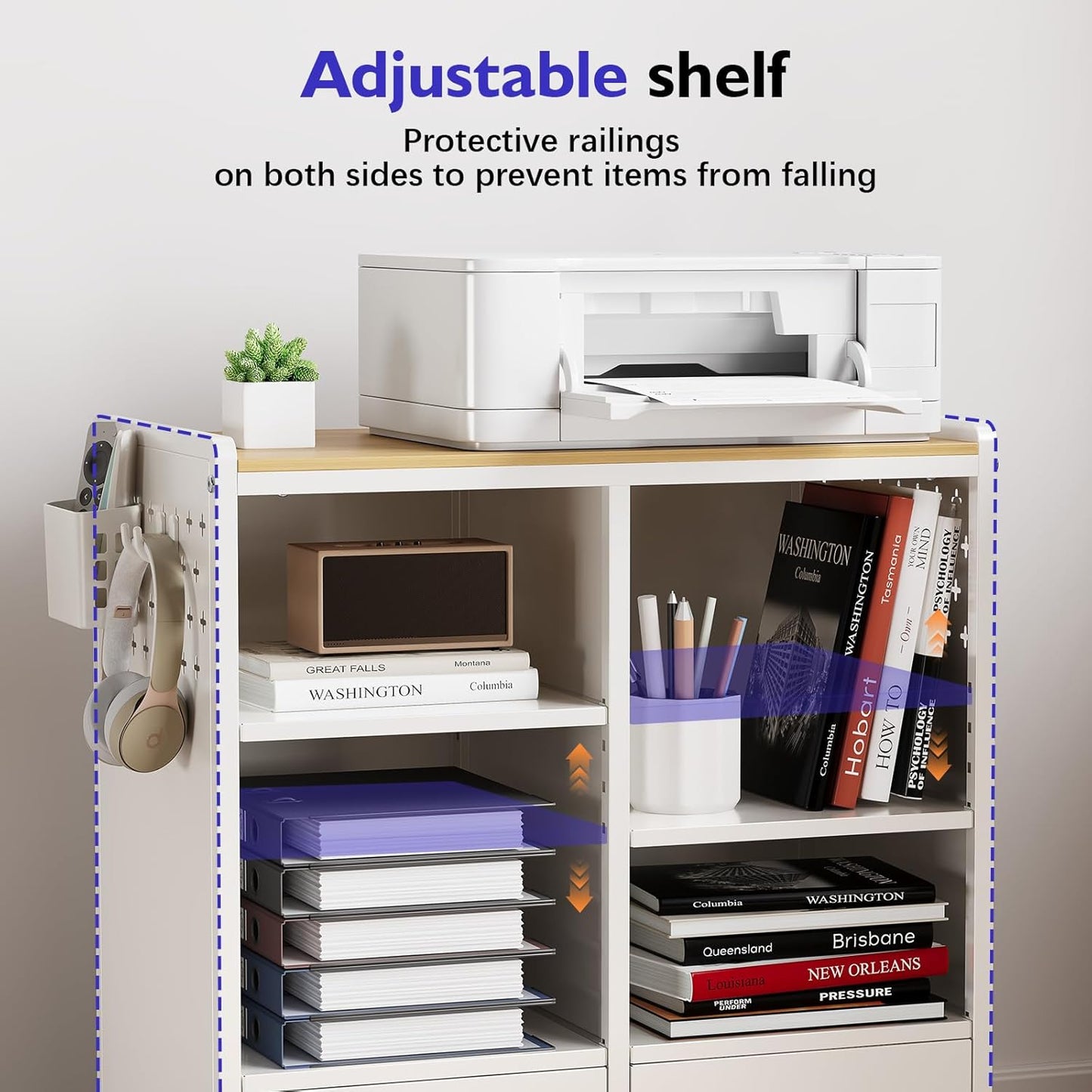 TOOLF 2-Drawer Mobile File Cabinet with Wheels, MDF Wooden Panel Printer Stand with Adjustable Shelves, 2 Storage Bins & 4 Hooks, Home Office Organization, White