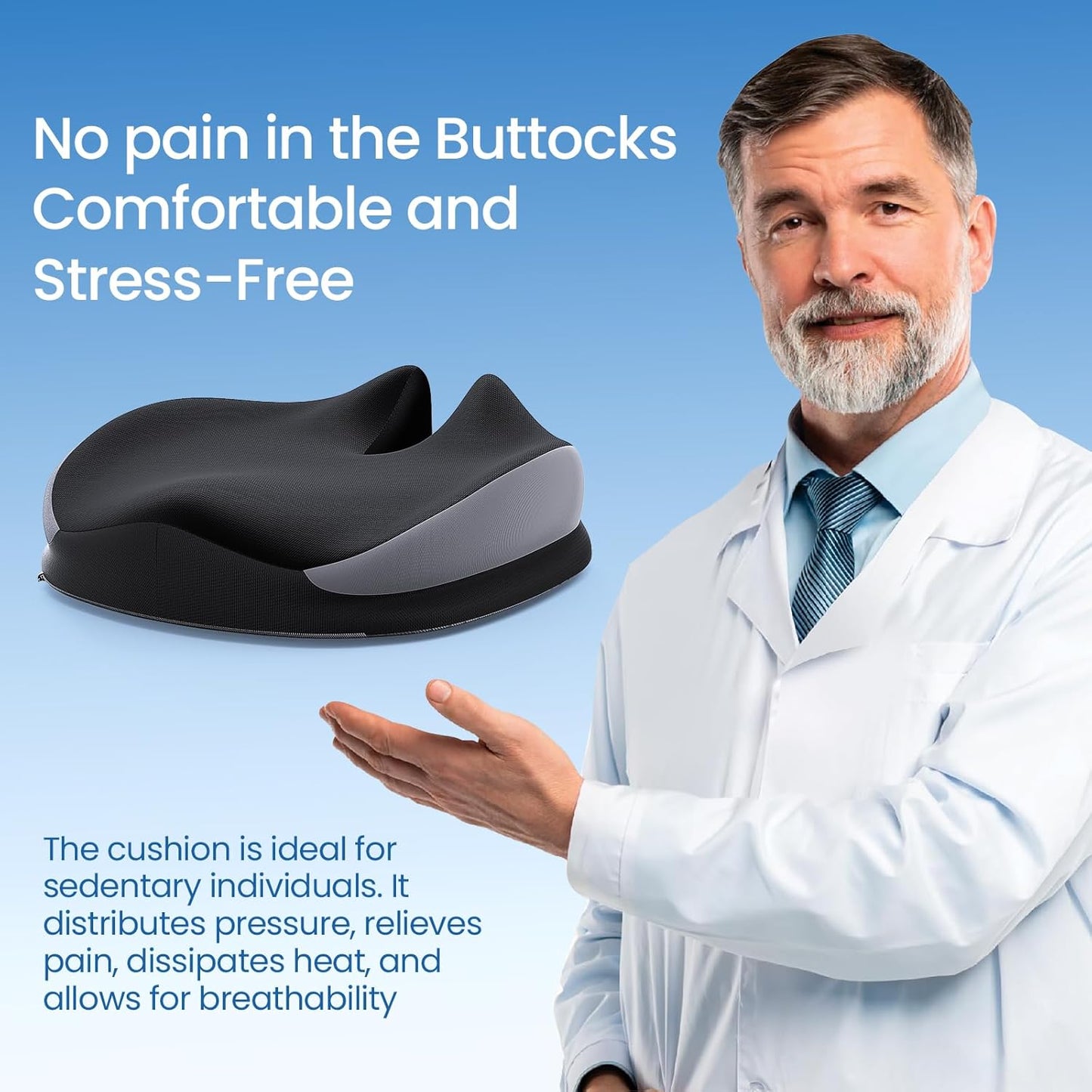 Benazcap Large Seat Cushion for Office Chair Memory Foam Coccyx Pain Relief Cushion Pillow for Back Support Non-Slip Seat Pad