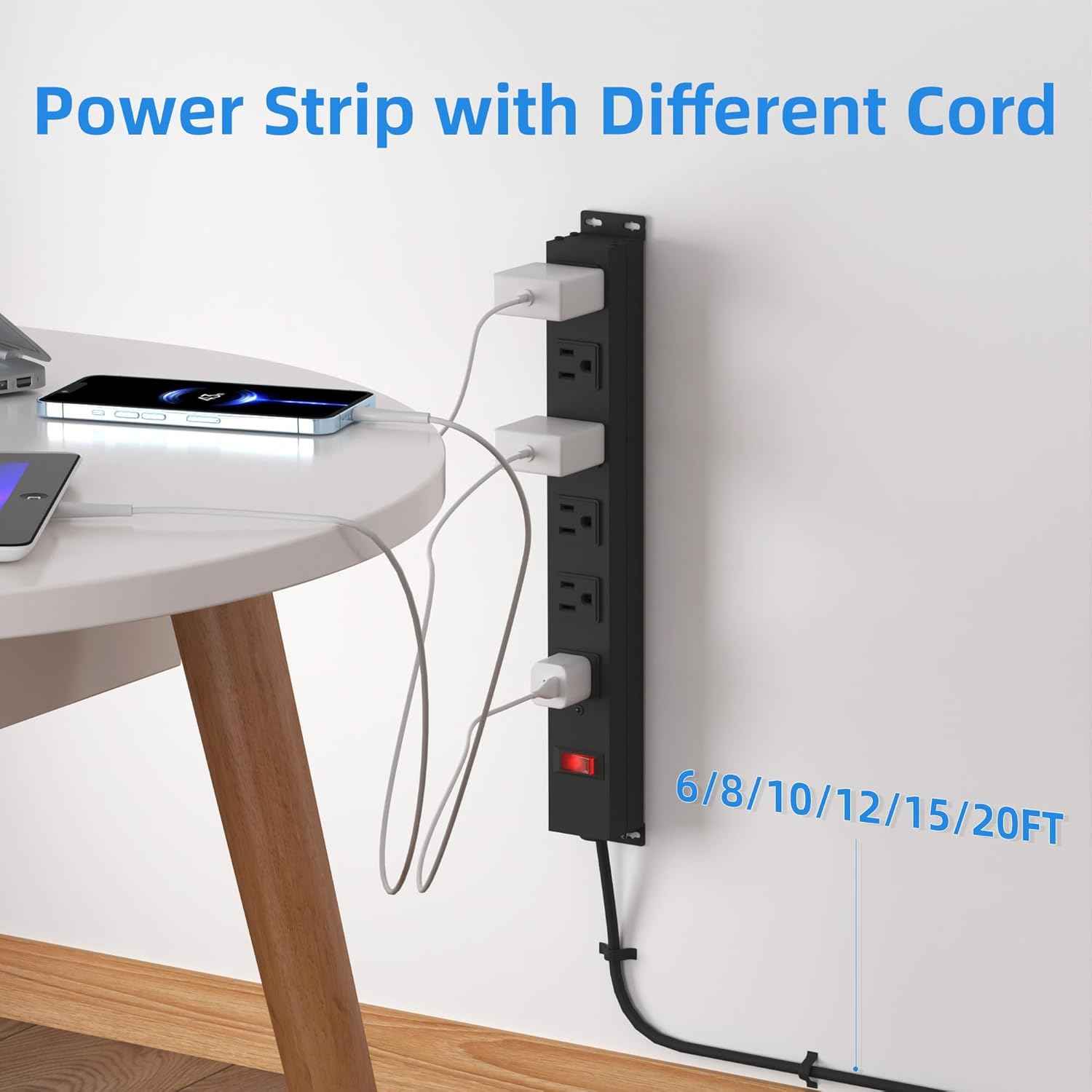 Power Strip with 6AC Outlets 6 Ft UL 14AWG Cord Straight Plug,Metal Wall Mount Heavy Duty Power Strip with Switch for Commercial,Industrial,School and Home,15A/125V/1875W,Black(6FT)