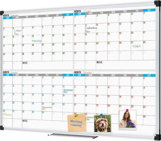 XBoard Magnetic Calendar Whiteboard 48" x 36" - 4 Month Colorful Calendar Dry Erase Board for Monthly Planning, Silver Aluminium Framed - Lumora Desk