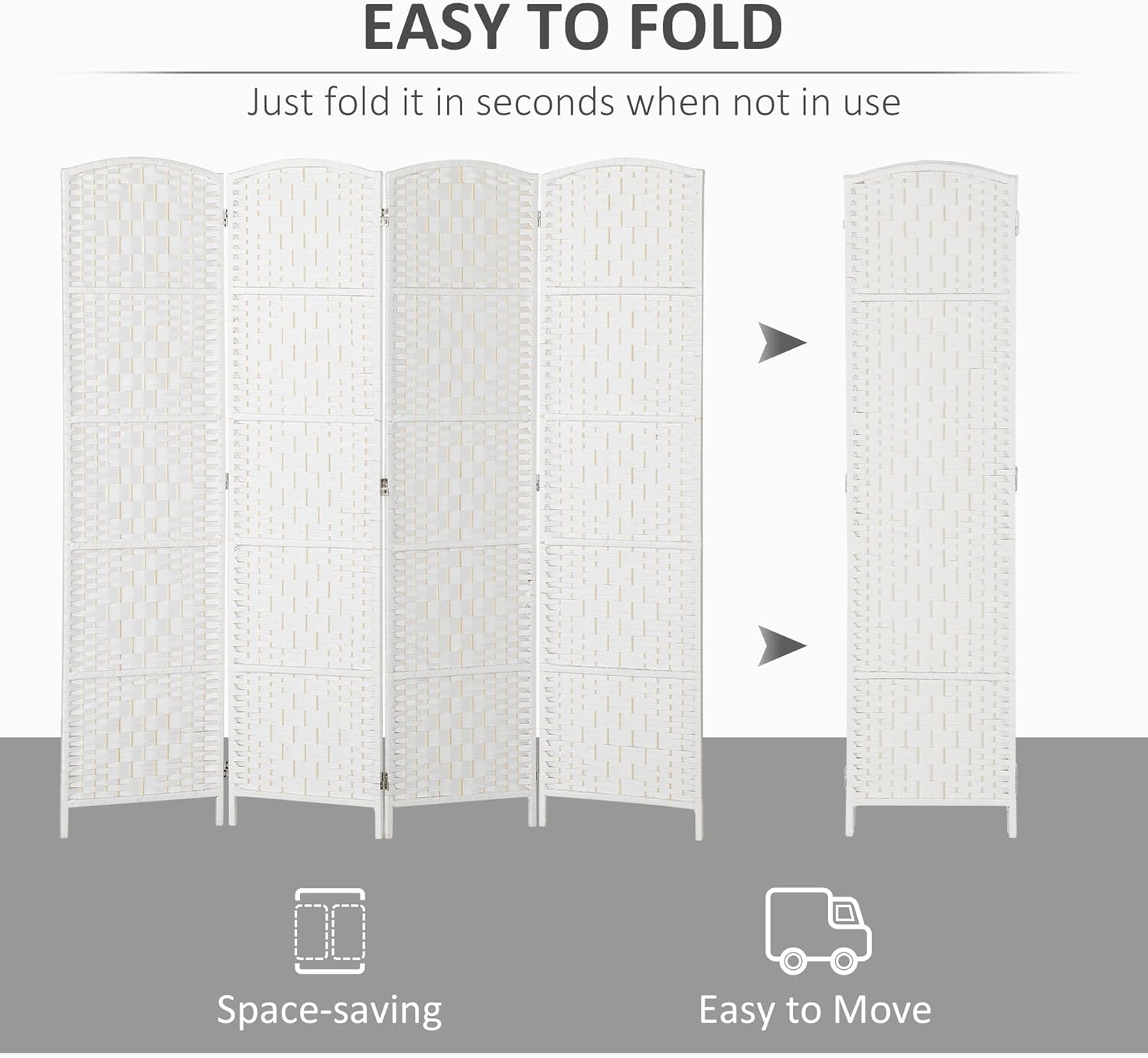 HOMCOM Room Divider, 4 Panel Folding Privacy Screen, 6FT Tall Portable Wicker Weave Partition Wall Divider for Bedroom, Home Office, White - Lumora Desk