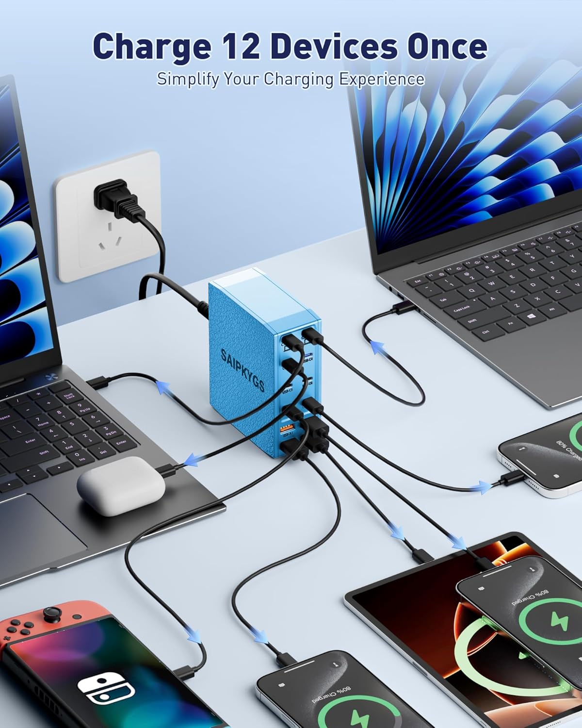 Charging Station (600W),12-Port USB C Charger Block with Dual 100W PD USB-C Fast Charging Station Hub for MacBook Pro/Air/All iPad iPhone 17/16 15/14/13/Pro Max/Samsung Galaxy Note(Blue)