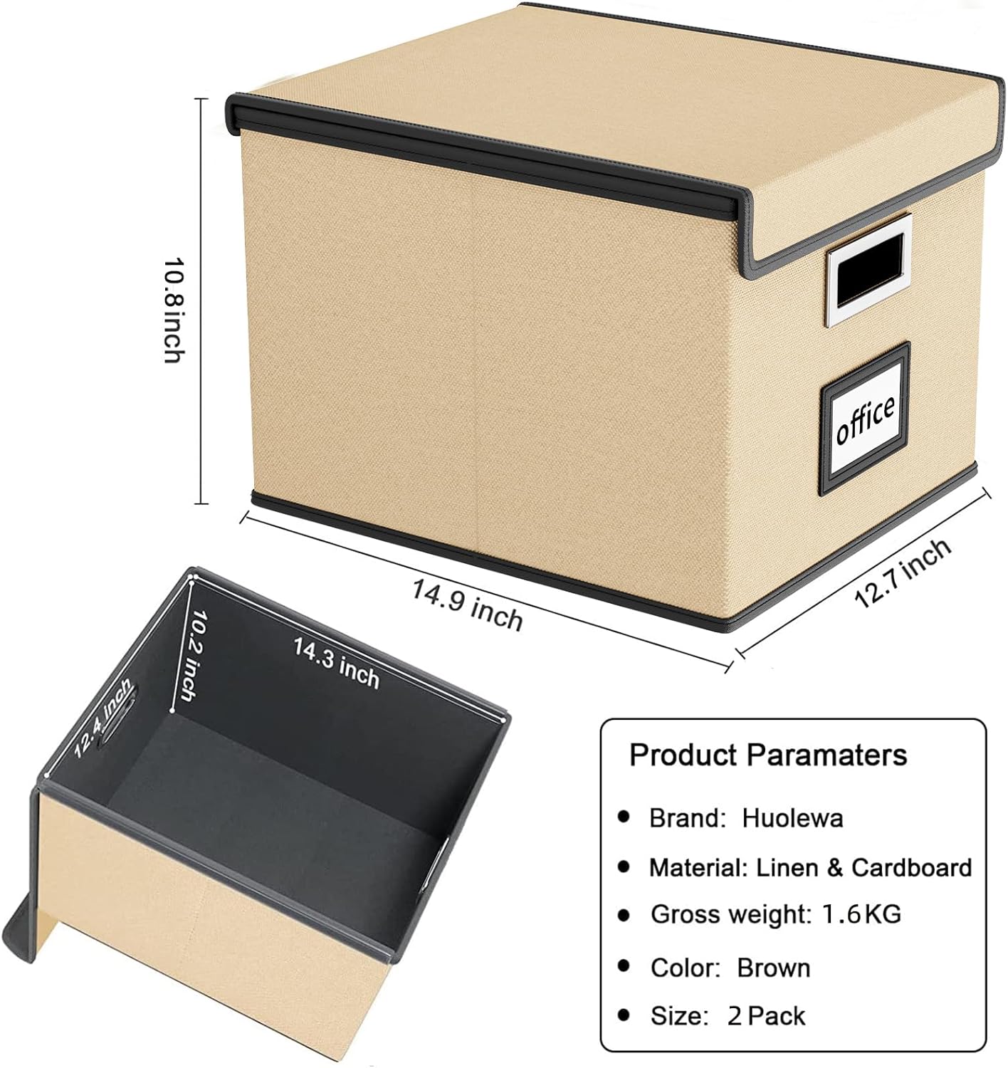 Huolewa File Organizer Box with Lid, Collapsible File Folder Organizer for Office Document Storage, Filing Box with Plastic Slide for Letter/Legal Size Hanging Files, Brown, 2 Pack