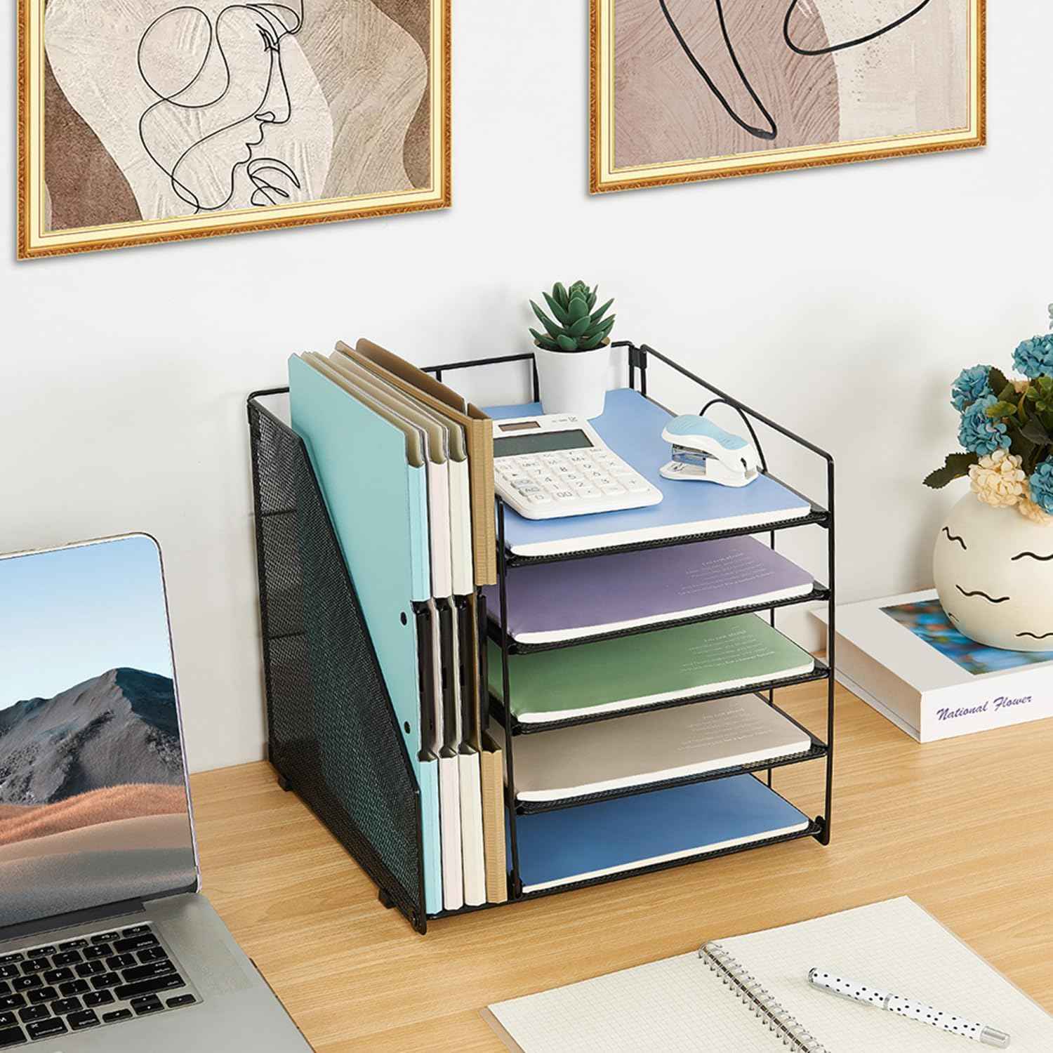 LEKETREE Desk Organizers and Accessories, 5-Tier Paper Letter Tray Organizer with File Holder, Desktop Organizer for Office Supplies (Black)
